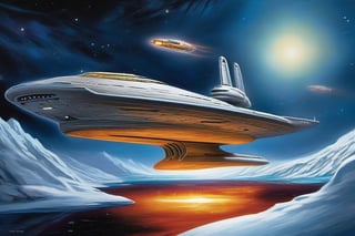 "Imagine you are a crew member aboard the USS Enterprise from Star Trek, navigating through the icy expanse of deep space. The ship's hull creaks as it maneuvers through the frigid darkness, its windows glowing with the warm light from within. Outside, the vast expanse of space is a mesmerizing deep blue, contrasting with the fiery jets of the Enterprise's engines. Draw a detailed account of the experiences, emotions, and thoughts about this breathtaking journey through the cold unknown, capturing the juxtaposition between the warmth of the ship and the chilling beauty of the cosmic ice surrounding the starship U.S.S. Enterprise."