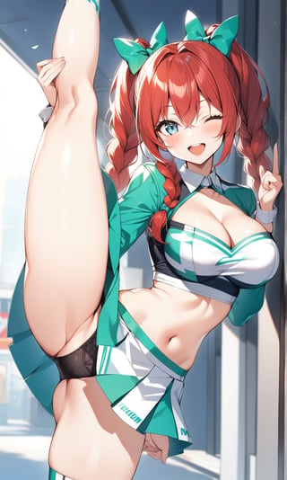 1girl, solo, long hair, breasts, looking at viewer, blush, smile, open mouth, bangs, blue eyes, skirt, large breasts, long sleeves, bow, navel, cleavage, hair between eyes, twintails, underwear, standing, panties, braid, hair bow, red hair, one eye closed, socks, midriff, miniskirt, twin braids, crop top, kneehighs, black panties, upper teeth only, leg up, standing on one leg, ;d, green skirt, green bow, green ribbon, leg lift, cheerleader, split, race queen, standing split