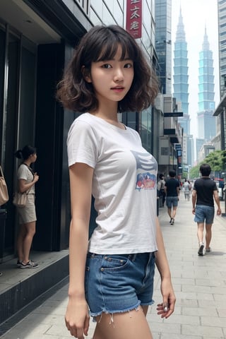 (best quality,masterpiece, photorealistic, highly detailed), 1 beautiful female is traveling in TAIPEI,CITYSCAPE,walking on a street, ((TAIPEI101)),in her 20s, detailed beautiful face, detailed beautiful eyes,short wavy curly hair,blunt_bangs, light smile,wearing a tshirt, blue_jeans, shorts,realistic detailed skin texture, detailed hair, upper body,sharp focus, asian girl,drama angle,natural lighting,