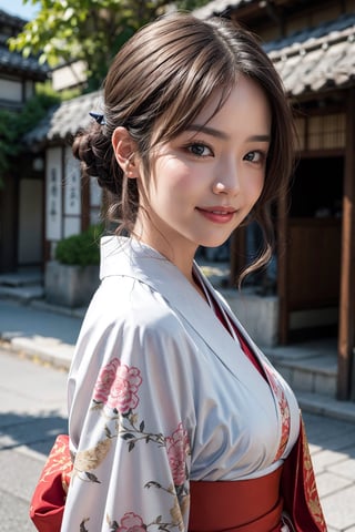 a highly detailed photorealistic digital painting of a female wearing a traditional Kimono, with a warm smile on her face. The Kimono showcases intricate patterns and vibrant colors, emphasizing the beauty of the traditional Japan dress. The artwork highlights the realism of the character, with a focus on the detailed skin texture and meticulously rendered hair. The image is a close-up of the upper body, creating a sharp focus on the girl's expressive face. The character embodies the essence of Asian beauty, with features reminiscent of a kamoji. The hairstyle, known as nihongami, adds to the authenticity of the scene.