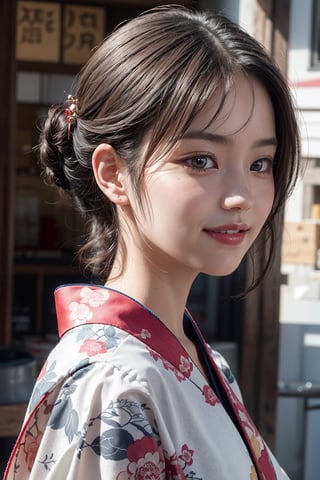 a highly detailed photorealistic digital painting of a female wearing a traditional Kimono, with a warm smile on her face. The Kimono showcases intricate patterns and vibrant colors, emphasizing the beauty of the traditional Japan dress. The artwork highlights the realism of the character, with a focus on the detailed skin texture and meticulously rendered hair. The image is a close-up of the upper body, creating a sharp focus on the girl's expressive face. The character embodies the essence of Asian beauty, with features reminiscent of a kamoji. The hairstyle, known as nihongami, adds to the authenticity of the scene.