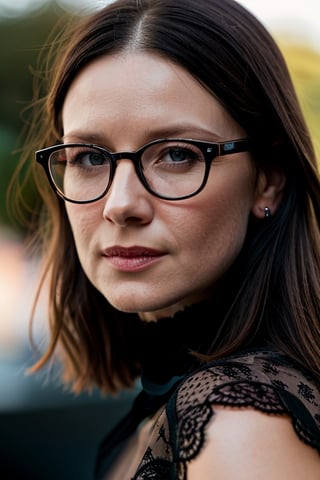 glasses, Sharp Focus,  wo_caitbalf01,  (close-up:0.8),  low key lighting,  shot on Lumix GH5,  cinematic bokeh,  lace choker,  (simple background:1.2),  teasing