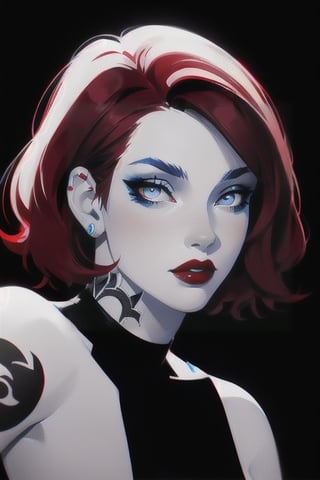 A portrait of a woman with red short hair, wearing a red dress, blue lipstick and blue eye shadow, teeth, tattoo on her neck, black and white, digital painting, black background