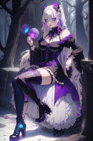 (masterpiece, best quality), 1 female, (multicolor hair, transition hair, two tone hair, platinum blonde hair, blue hair, purple hair :1.2), (glowing blue eyes), gothic makeup, (thick eyeliner), lips, [black dress with tiered sleeves|black dress with rosette], medium breast, (goth stockings), (goth high black boots), ribbons hair, forest, magic, fireflies