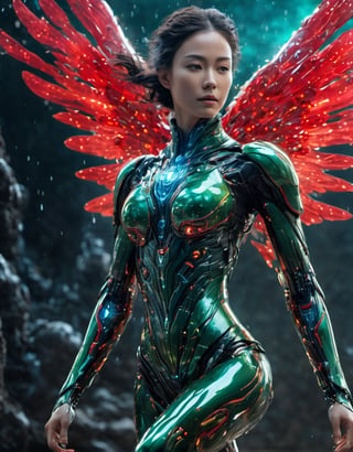 1girl, a bio mechanical cyborg arms, front facing, the frozen human body, full body, nature, Realistic Photography of beautiful girl. Child of the earth. The queen of space. (((Running))). Multi Wings, (Hovering:1.3), (levitate:1.3). Energy glowing behind the girl, front side, subsurface scattering, transparent nipples, liquid nake, nude, transparent arms, glow, bloom, Bioluminescent green and red liquid,3d style,cyborg style,Leonardo Style, ((depth of field:1.5)), Movie Still, Film Still, Cinematic