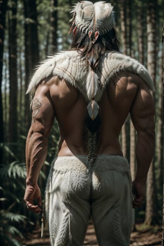 Cinematic of handsome Native Americans, Tribal warrior, brown_skin:1.2, with shaman tattoo, realistic skin, (Tribal bird feather hat), long black hair, realistic muscle | (((Giant  White Wolf from behind a man))), the wolf is bigger than the man, Cinematographic, In the middle of a deep and dark forest. Leonardo Style, realistic film shot in natural light, best quality, 8k, detailed hand, detailed finger, high detail, accessory details, cover_foot, Film Still, (Depth of field:1.3), Bokeh light, glowing,male, ((full_body shot)), (proud stance:1.5), (together),Detailedface,Sexy Muscular, mustache:0,1, 