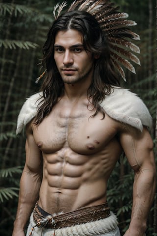 Cinematic of handsome Native Americans, (((Tribal warrior))), brown_skin:1.2, with shaman tattoo, realistic skin, (Tribal bird feather hat), long black hair, realistic muscle | ((Giant  White Wolf from beside a man)), the wolf is bigger than the man, Cinematographic, In the middle of a deep and dark forest. Leonardo Style, realistic film shot in natural light, best quality, 8k, detailed hand, detailed finger, high detail, accessory details, cover_foot, Film Still, (Depth of field:1.3), Bokeh light, glowing,male, ((full_body shot)), (proud stance:1.5), (together),Detailedface, mustache:0,1, 