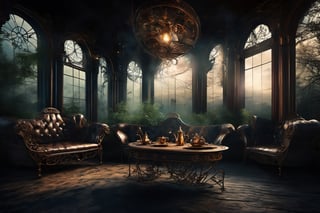 Dark room, steampunk, nature, intricate detail background, ultra quality, live light, sofa, table with tea, mystic, intricate foreground, wild nature, 