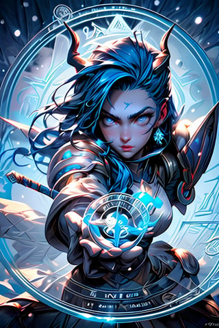 girls, cute, great quality, detailed face, detailed eyes, blue eyes, long hair, blue hair, soft light, glossy skin, beautiful figure, armor, levitation, magic circle, particles, horns, snowing background,weapon