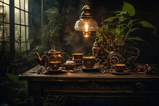 Dark room, steampunk, nature, intricate detail background, ultra quality, live light, table with tea, mystic, intricate foreground, wild nature, 