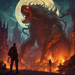 modern man in fantasy world, (monsters), tentacles, tank, castle, fire, moon, dark, night