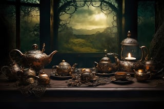 Dark room, steampunk, nature, intricate detail background, ultra quality, live light, table with tea, mystic, intricate foreground, wild nature, 