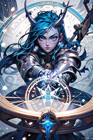 girls, cute, great quality, detailed face, detailed eyes, blue eyes, long hair, blue hair, soft light, glossy skin, beautiful figure, armor, levitation, magic circle, particles, horns, snowing background,weapon