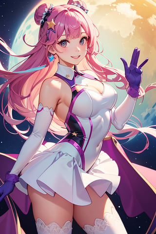 best quality, highres, meer campbell, 1girl, star hair ornament, hair ornament, pink hair, long hair, gloves, leotard purple leotard, white leotard, large breasts, skirt, , cowboy shot, smile, waving,