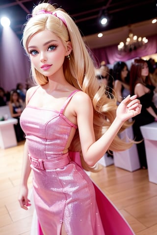 beautiful barbie on catwalk show, pink dress, precise details, nice pose, in front of a pink stall with barbie logo, beautiful stage background, fine details, watercolor style,barbie