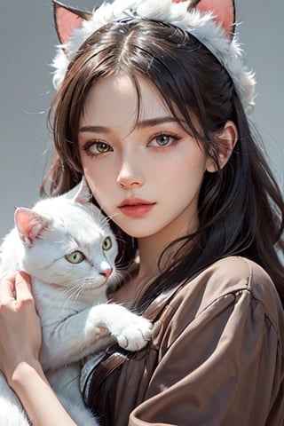 add a cat in the image, puff cat, white and black fur, cat side to side with idea, place the cat to the side of the woman's face, realistic, 1 girl, the solo girl with cat, change the background, women hands place on cat , hugs the cat, hyperrealistic