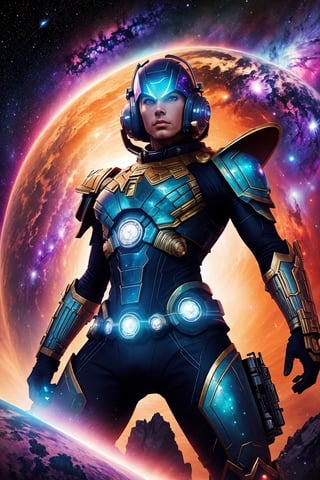 Expansive 3D rendering, (Futuristic and cosmic vibes:1.3), BREAK, (Inspired by Jack Kirby:1.3), Nebula-filled expanse, Shimmering cosmic armor, Heroic stance, (Guardian of the Universe:1.2), Epic battlecry, BREAK, (A cosmic sentinel:1.3), Celestial battlefield, Energy beams, Galactic nemesis, (Defending the cosmos:1.2), Unyielding determination.