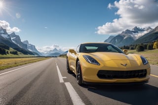 Photograph, Yellow Chevrolet Corvette, road, Swiss alps, summer time, day time, driving fast, 4k, HD, cinematic, bright, day time, sunny, clouds, blue sky, sunshine, sun glare, detailed, highres, 8k, masterpiece,  