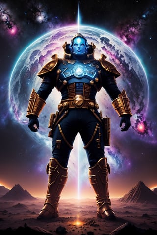 Expansive 3D rendering, (Futuristic and cosmic vibes:1.3), BREAK, (Inspired by Jack Kirby:1.3), Nebula-filled expanse, Shimmering cosmic armor, Heroic stance, (Guardian of the Universe:1.2), Epic battlecry, BREAK, (A cosmic sentinel:1.3), Celestial battlefield, Energy beams, Galactic nemesis, (Defending the cosmos:1.2), Unyielding determination.