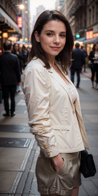 KatieNolan-300, photography by (Rodney Smith:1.3), ((upper body focus, shoulders)), modelshoot, pose, (jacket, blouse, facing viewer, busy Manhattan sidewalk, looking at viewer, blurry background, bokeh, ID photo:1.3), smile