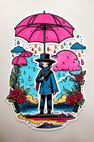 Tattoo drawing of a ghost holding pink umbrella in a rainstorm. Include rain and lightning. In the style of Sailor Jerry. American traditional tattoo. Sticker with outline.