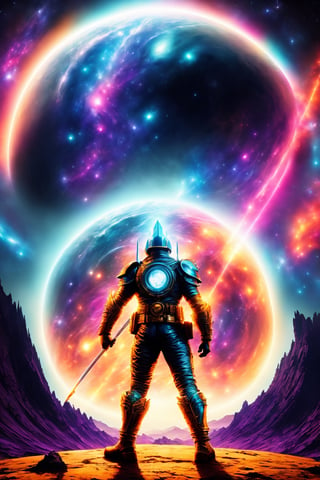 Expansive 3D rendering, (Futuristic and cosmic vibes:1.3), BREAK, (Inspired by Jack Kirby:1.3), Nebula-filled expanse, Shimmering cosmic armor, Heroic stance, (Guardian of the Universe:1.2), Epic battlecry, BREAK, (A cosmic sentinel:1.3), Celestial battlefield, Energy beams, Galactic nemesis, (Defending the cosmos:1.2), Unyielding determination.