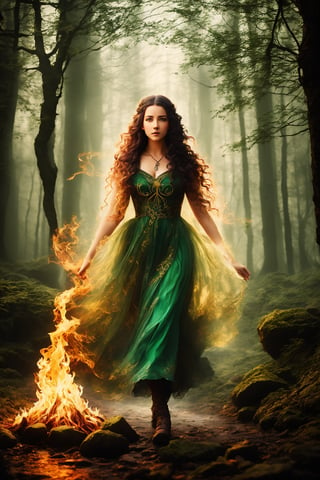 Celtic witch Woman, Stone Ruins, magic, Flowing green and gold Dress with Celtic Knot Jewelry, her hair is made of fire flames, flaming magical hair, Procreate, magical, movie Poster Design, Ethereal Art, Mysterious, Serene Expression, Enchanting Atmosphere, bokeh, dark, dynamic action, dreamy, dark vignetting, light leaks, ethereal, coarse grain photo