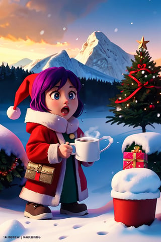 RAW photo, a funny cute girl with purple hair, wearing a christmas hoody drinking a steaming hot coffee, sunrise, sunrays, water, mountains,4k ultra details, photo realistic, 8k ultra fine details, dynamic lighting, unreal engine, masterpiece, outside in the snow, forrest with snowfall in the background, 12k, high definition, cinematic, behance contest winner, stylized digital art, smooth, ultra high definition, 8k, unreal engine 5, ultra sharp focus, intricate artwork masterpiece, ominous, 4k details, ultra details, dynamic lighting, cinematic, 8k ultra fine detail, masterpiece, High detailed,Enhance, Epicrealism, Realistic, Epic, Fantasy, shaded face,Realism,detailmaster2,photo r3al,REALISTIC,snow,Raw photo,Photography,Santa Claus,Padoru_Meme, open mouth; decorated christmas tree, presents, gifts, christmas decoration, block house