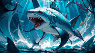 hyper realisitc, 8k, masterpeice, high quality, ((detailed)), deep ocean, water, dark, ominious, fish, shark