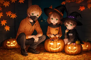 Halloween, 3 children wearing masks, candy, dark, leaves, pumpkin, fall, costumes, autumn, 4k, high resolution, masterpiece, green eyes