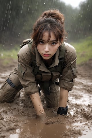 female soldier falls in the mud, crawling, her army clothes were torn and had holes, her face covered in mud, wounds, puddles of mud, battlefield, war, explotion, body, full body, symmetry, nature, subsurface scattering, translucent mod skin, rainy, Bioluminescent rain drop, light_particles, sexy posture, brown eyes, brown curly hair, all body,b3rli,xxmix_girl