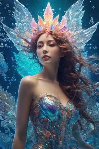 the glass beautiful mermaid, air bubble, coral garden, under water,body, full body shot, symmetry, nature, subsurface scattering, transparent, translucent skin, glow, bloom, Bioluminescent liquid,3d style,cyborg style,Movie Still,Leonardo Style, cool color, vibrant, volumetric light (masterpiece, top quality, best quality, official art, beautiful and aesthetic:1.2), (1man), extreme detailed,(abstract, fractal art:1.3),colorful hair,highest detailed, detailed_eyes, fire, water, ice, lightning, light_particles, ghost, Man, muscles, perfect body, five fingers, perfect hands, anatomically perfect body, sexy posture, thick beard, sexy beard, brown eyes, silver hair, curly hair, ice crown, embroidered cap, queen, angel, god,b3rli