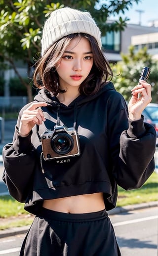 a photo portrait of a paparazzi doing spionase, behind the tree, holding a tele camera, looking away, wearing black hoodie sort skirt and black hat, she ready to shot, photographer posture, dynamic pose, brown eyes, short brown curly hair