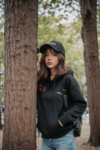 a photo portrait of a paparazzi holding a camera behind the tree targeting celebrities, wearing black hoodie sort jean and black hat, ready to shot, camera on eye,photographer posture, dynamic pose, brown eyes, short brown curly hair, b3rli,xxmix_girl,omatsuri