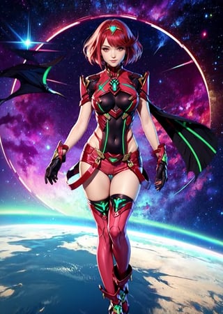 upper body shot,female, woman, cyberpunk scene, Pyra, From Xenoblade Chronicles, armor, bangs, black gloves, breasts, red eyes, closed mouth, earrings, eyelashes, fingerless gloves, floating hair, framed breasts, gem, gloves, hair ornament, headpiece, jewelry, large breasts, leaning back, leotard, neon trim, official art, pose, red hair, red shorts, saitou masatsugu, short hair, short shorts, short sleeves, shorts, sidelocks, skin tight, solo, standing, swept bangs, thighhighs, tiara, space background, parted lips, smirk, looking_at_viewer, full body shot, alluring, sexy pose, erotic pose,pyra \(xenoblade\)