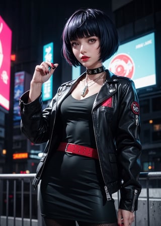 upper body, perfect body, maximum quality, shot, 1_girl, cyberpunk scene, Tae Takemi, Persona 5 game, blue dark hair, pink lips, punkrock clothes, neck bone, messy bob cut, blunt bangs, brown eyes, red nails polish, short blue dress with a white spiderweb design, black ripped leggings, short black jacket, red grommet belt, choker, midnight, city background