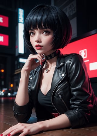 masterpiece, best quality, (detailed background), (beautiful detailed face, beautiful detailed eyes), absurdres, highres, ultra detailed, masterpiece, best quality, detailed eyes, upper body, 1_girl, cyberpunk scene, Tae Takemi, Persona 5 game, blue dark hair, pink lips, punkrock clothes, neck bone, messy bob cut, blunt bangs, brown eyes, red nails polish, short blue dress, black ripped leggings, short black jacket, red grommet belt, choker, midnight, city background, sexy pose, erotic pose, alluring pose, mouth open, kinky, close-fitting clothing, undressing, lying on floor