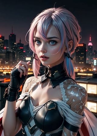 upper body shot,female, woman, 20 year old woman, cyberpunk scene, blue light hair, Multi colored hair, pink_hair, pink lips, neck bone, messy haircut, midnight, city background,SINON1,shionne1, erotic pose, alluring, sexy pose, maximum quality, perfect skin, no_sleeves, black shorts, dress, cleavage, fingerless gloves, scarf, kissy lips