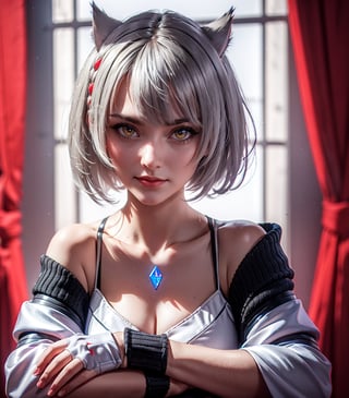 masterpiece, best quality, (detailed background), (beautiful detailed face, beautiful detailed eyes), absurdres, highres, ultra detailed, masterpiece, best quality, detailed eyes, Mio, From Xenoblade chronicles 3, 1girl, animal ears, grey hair, braid, breasts, fingerless gloves, jacket, looking, at viewer, off shoulder, short hair, female_solo, yellow eyes, smile, arms_crossed, arms_folded, at a town, neck bone, cat ears, 1girl, sexy pose, alluring