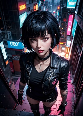 upper body shot,female, woman wearing casual punkrock clothes ,cyberpunk scene, Tae Takemi, Persona 5 game, blue dark hair, pink lips, punkrock clothes, spider thights, black punk boots, doctor garb, neck bone, messy bob cut, midnight, city background