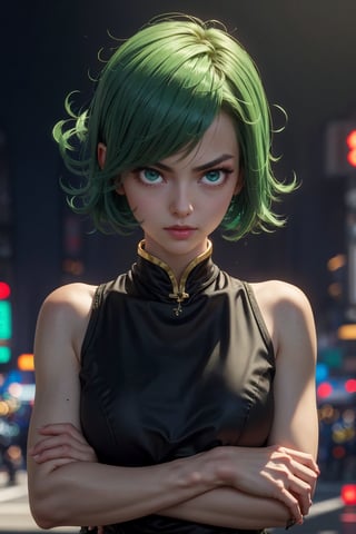 masterpiece, best quality, (detailed background), (beautiful detailed face, beautiful detailed eyes), absurdres, highres, ultra detailed, masterpiece, best quality, detailed eyes, frown, green_eyes, green hair, crossed_arms, folded arms, floating, dark green qipao, chenogasm, kun fu shoes, high collar, upper body body, sexy pose, alluring, erotic pose, seductive, kinky, close-fitting clothing, neck bone, at the city , midnight, cyberpunk scene, neon lights, wind vfx, splashes, green lightning, light particles, electric, dj theme, synthwave theme, (bokeh:1.1), depth of field, wind powers ,guiltys,SF2 CHUN 