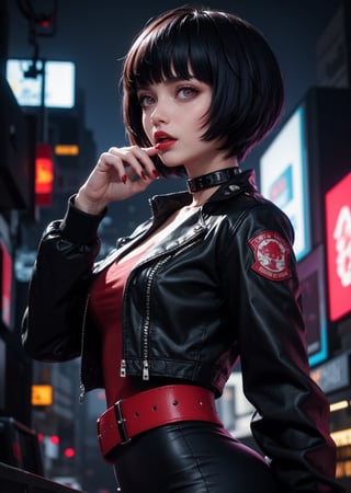 masterpiece, best quality, (detailed background), (beautiful detailed face, beautiful detailed eyes), absurdres, highres, ultra detailed, masterpiece, best quality, detailed eyes, upper body, 1_girl, cyberpunk scene, Tae Takemi, Persona 5 game, blue dark hair, pink lips, punkrock clothes, neck bone, messy bob cut, blunt bangs, brown eyes, red nails polish, short blue dress, black ripped leggings, short black jacket, red grommet belt, choker, midnight, city background, sexy pose, erotic pose, alluring pose, mouth open, kinky, close-fitting clothing, undressing, from side