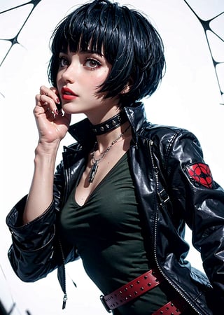 upper body, from side, 1_girl, cyberpunk, shot, scene, Tae Takemi, Persona 5 game, blue dark hair, pink lips, punkrock clothes, neck bone, messy bob cut, blunt bangs, brown eyes, red nails, short blue dress with a white spiderweb design, black ripped leggings, short black jacket, red grommet belt, choker, midnight, clinic background, sexy pose, erotic pose, sweating