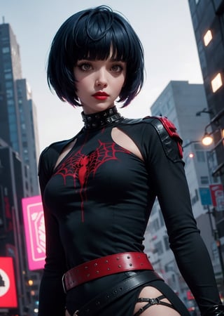 upper body, perfect body, maximum quality, shot, 1_girl, woman wearing casual punkrock clothes ,cyberpunk scene, Tae Takemi, Persona 5 game, blue dark hair, pink lips, punkrock clothes, spider thights, black punk boots, doctor garb, neck bone, messy bob cut, blunt bangs, brown eyes, red nails polish, short blue dress with a white spiderweb design, black ripped leggings, red grommet belt, midnight, city background