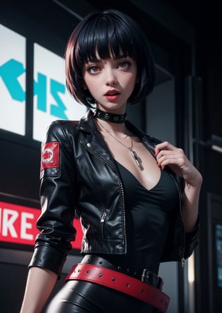 masterpiece, best quality, (detailed background), (beautiful detailed face, beautiful detailed eyes), absurdres, highres, ultra detailed, masterpiece, best quality, detailed eyes, upper body, 1_girl, cyberpunk scene, Tae Takemi, Persona 5 game, blue dark hair, pink lips, punkrock clothes, neck bone, messy bob cut, blunt bangs, brown eyes, red nails polish, short blue dress, black ripped leggings, short black jacket, red grommet belt, choker, midnight, city background, sexy pose, erotic pose, alluring pose, mouth open, kinky, close-fitting clothing, undressing