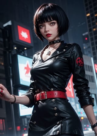 upper body, perfect body, maximum quality, shot, 1_girl, cyberpunk scene, Tae Takemi, Persona 5 game, blue dark hair, pink lips, punkrock clothes, doctor garb, neck bone, messy bob cut, blunt bangs, brown eyes, red nails polish, short blue dress with a white spiderweb design, black ripped leggings, red grommet belt, choker, midnight, city background