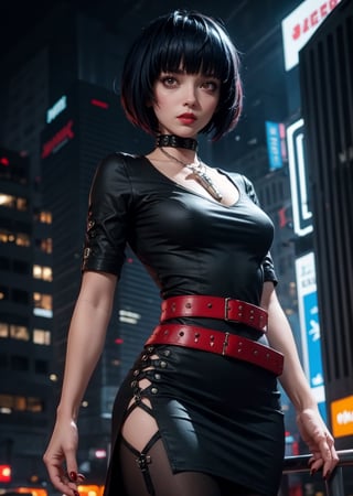 upper body, perfect body, maximum quality, shot, 1_girl, cyberpunk scene, Tae Takemi, Persona 5 game, blue dark hair, pink lips, punkrock clothes, doctor garb, neck bone, messy bob cut, blunt bangs, brown eyes, red nails polish, short blue dress with a white spiderweb design, black ripped leggings, red grommet belt, choker, midnight, city background