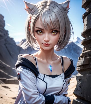 masterpiece, best quality, (detailed background), (beautiful detailed face, beautiful detailed eyes), absurdres, highres, ultra detailed, masterpiece, best quality, detailed eyes, Mio, From Xenoblade, 1girl, animal ears, grey hair, braid, breasts, fingerless gloves, jacket, looking, at viewer, off shoulder, short hair, female_solo, yellow eyes, smile, arms_crossed, arms_folded, at a base, neck bone, cat ears