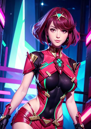 upper body shot,female, woman, cyberpunk scene, Pyra, From Xenoblade Chronicles, armor, bangs, black gloves, breasts, red eyes, closed mouth, earrings, eyelashes, fingerless gloves, floating hair, framed breasts, gem, gloves, hair ornament, headpiece, jewelry, large breasts, leaning back, leotard, neon trim, official art, pose, red hair, red shorts, saitou masatsugu, short hair, short sleeves, shorts, sidelocks, skin tight, solo, standing, swept bangs, thighhighs, tiara, parted lips, smirk, looking_at_viewer, full body shot, alluring, sexy pose, erotic pose, pyra \(xenoblade\)