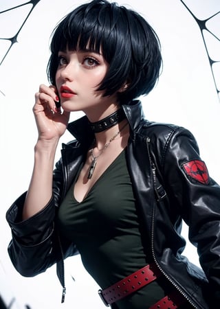 upper body, from side, 1_girl, cyberpunk, shot, scene, Tae Takemi, Persona 5 game, blue dark hair, pink lips, punkrock clothes, neck bone, messy bob cut, blunt bangs, brown eyes, red nails, short blue dress with a white spiderweb design, black ripped leggings, short black jacket, red grommet belt, choker, midnight, clinic background, sexy pose, erotic pose, sweating